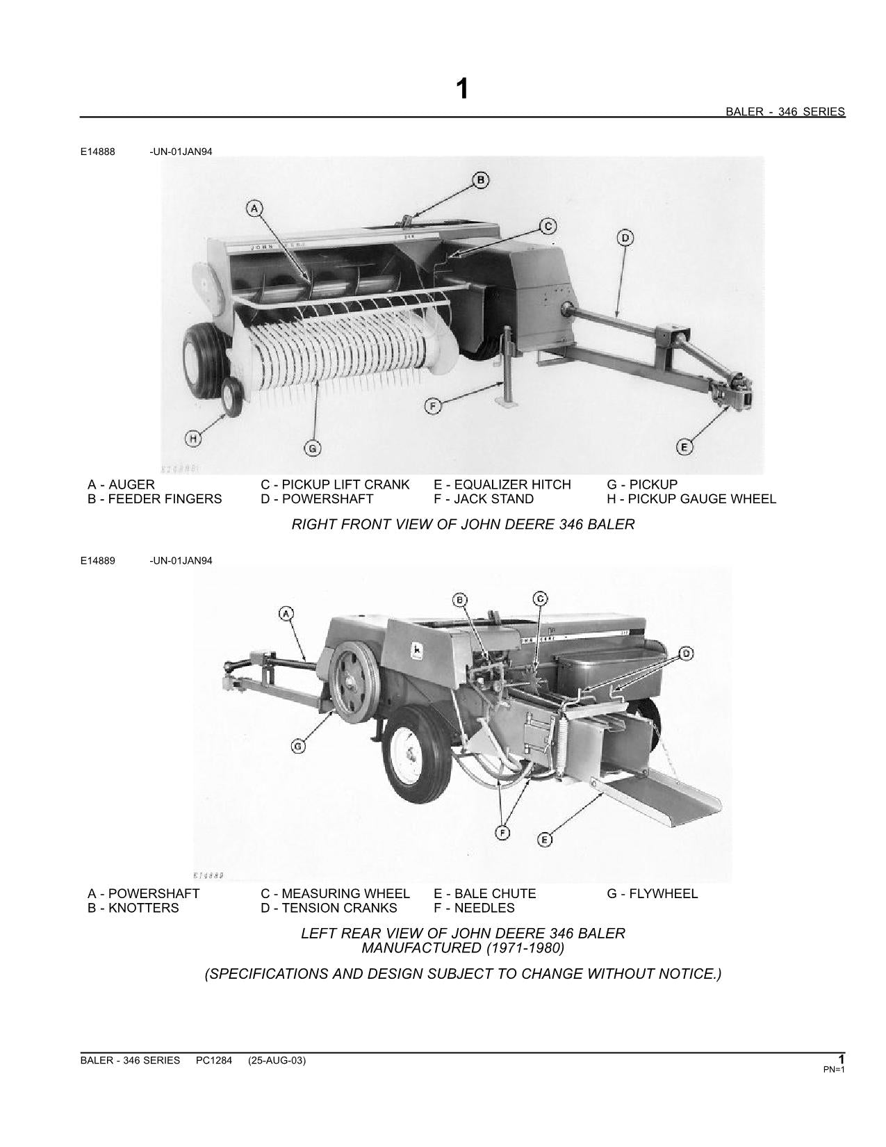 JOHN DEERE 346 SQUARE BALER PARTS CATALOG MANUAL