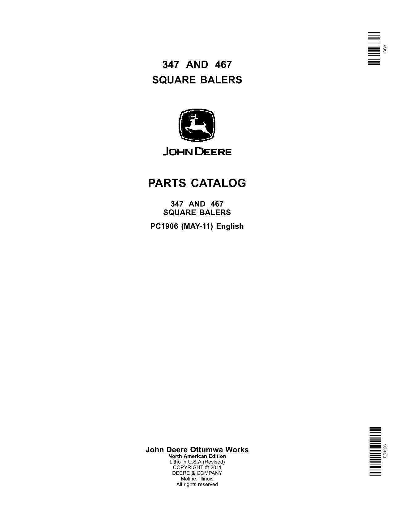 JOHN DEERE 347 467 SQUARE TWINE BALER PARTS CATALOG MANUAL