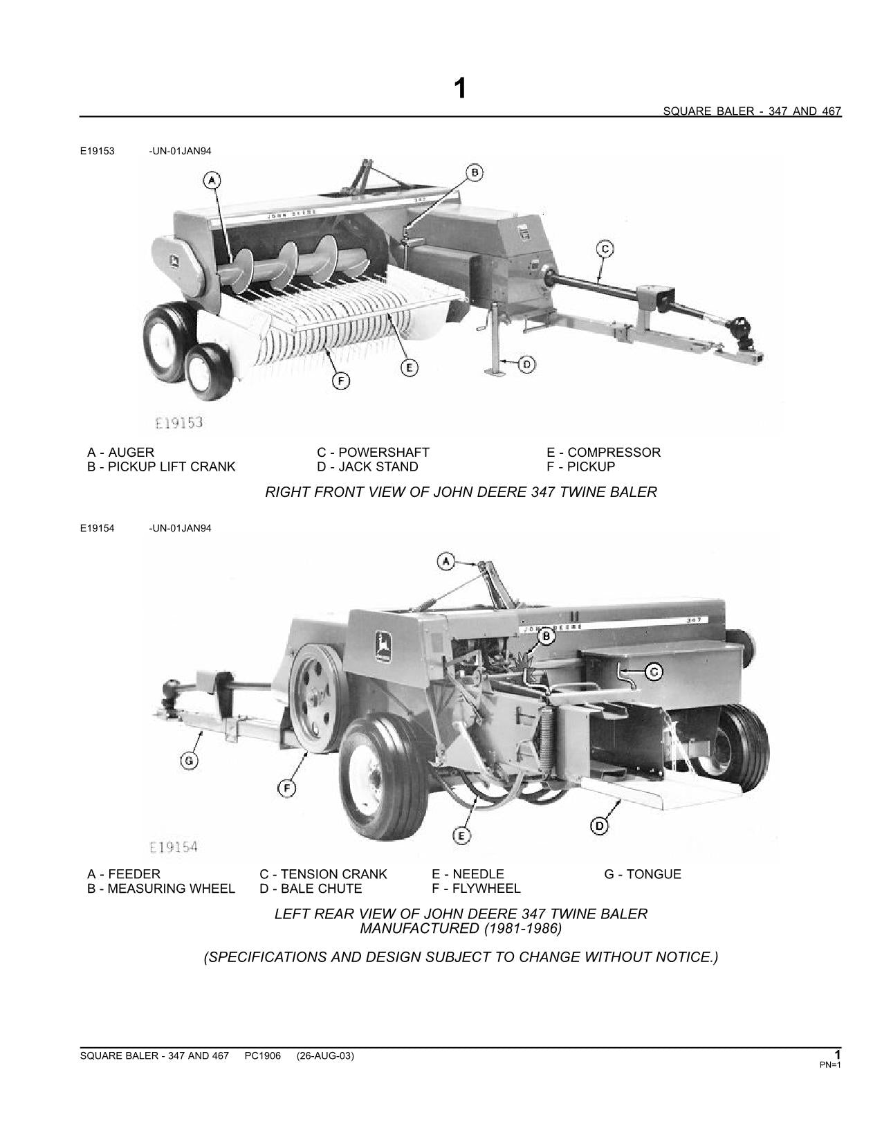 JOHN DEERE 347 467 SQUARE TWINE BALER PARTS CATALOG MANUAL