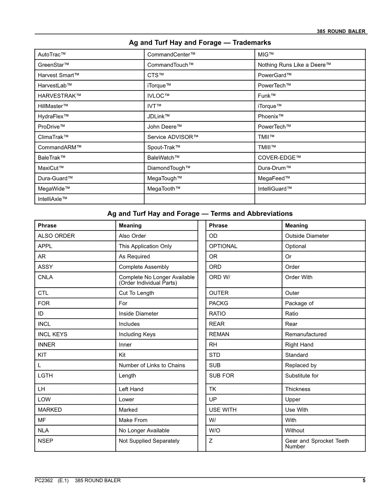 JOHN DEERE 385 ROUND BALER PARTS CATALOG MANUAL