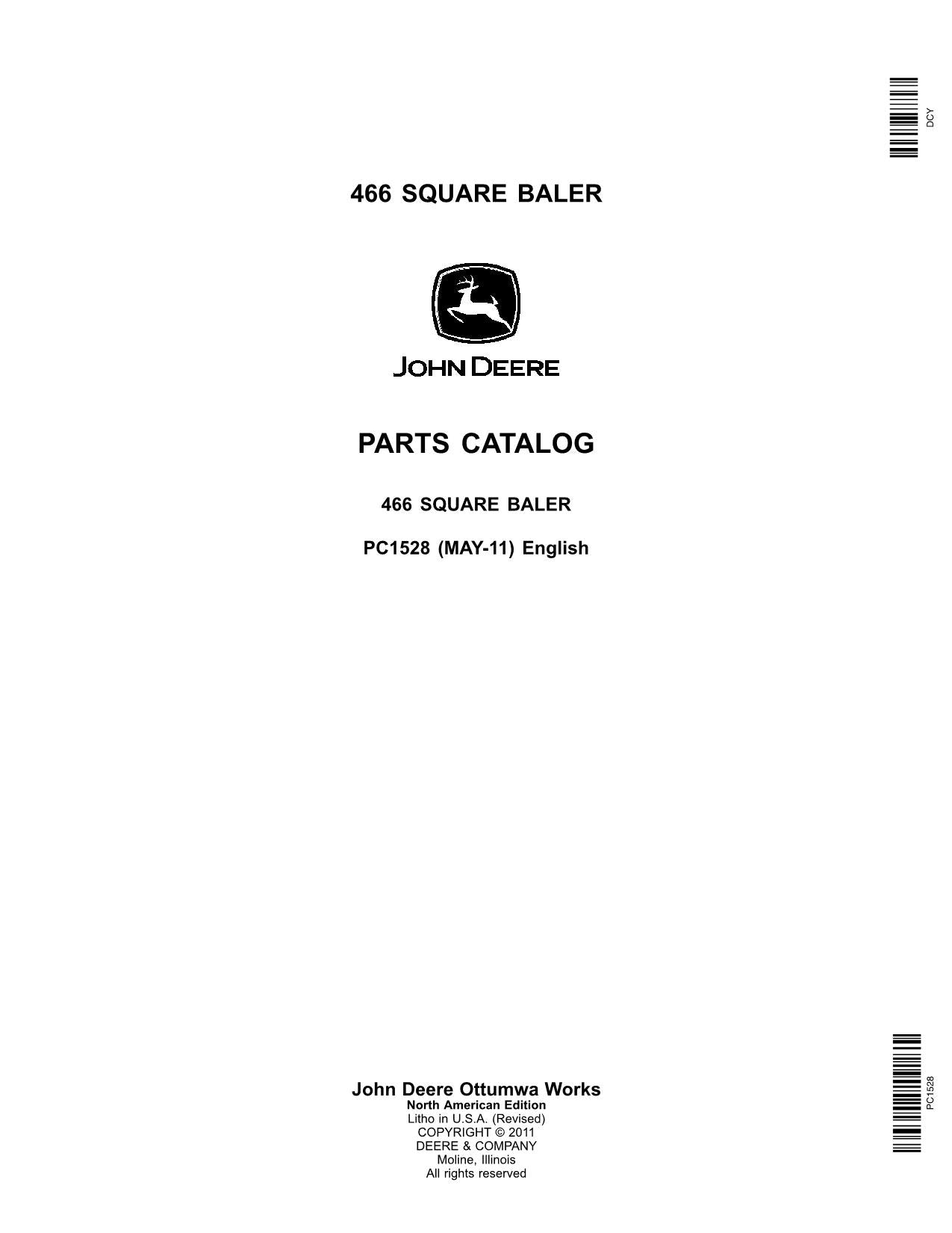 JOHN DEERE 466 SQUARE BALER PARTS CATALOG MANUAL #2