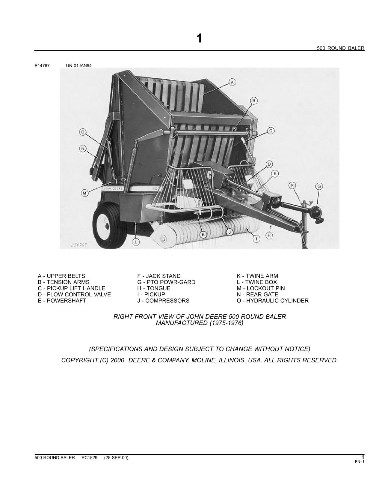 JOHN DEERE 500 ROUND BALER PARTS CATALOG MANUAL