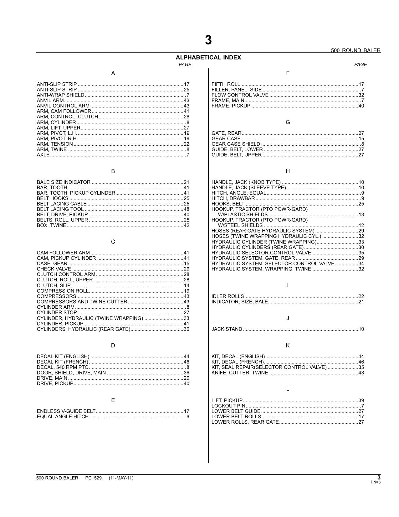 JOHN DEERE 500 ROUND BALER PARTS CATALOG MANUAL