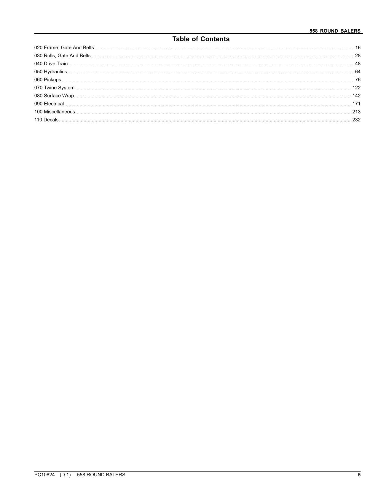 JOHN DEERE 558 ROUND BALER PARTS CATALOG MANUAL