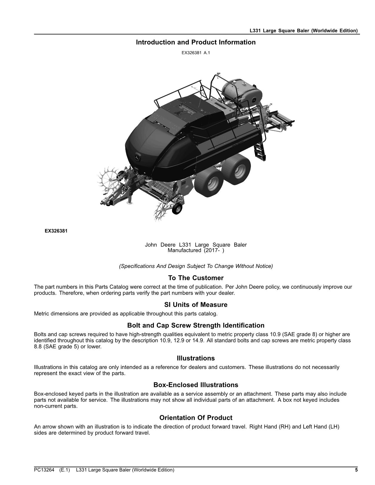 JOHN DEERE L331 LARGE SQUARE BALER PARTS CATALOG MANUAL