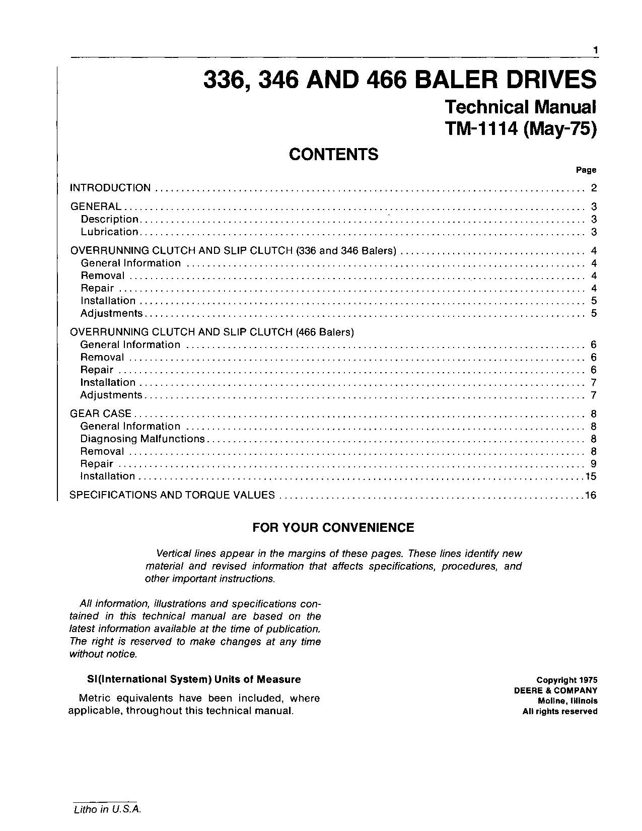 JOHN DEERE 336 346 466 BALER SERVICE MANUAL