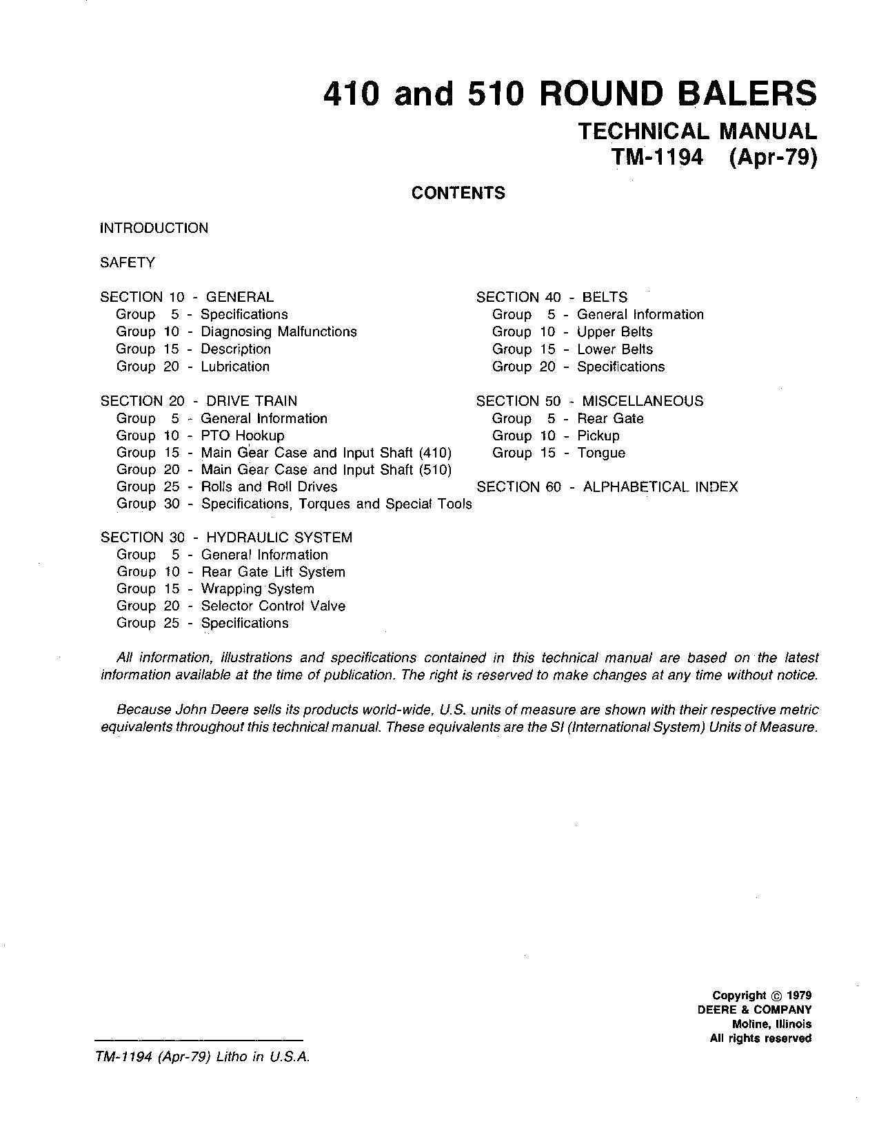 JOHN DEERE 410 510 BALLENPRESSE SERVICEHANDBUCH