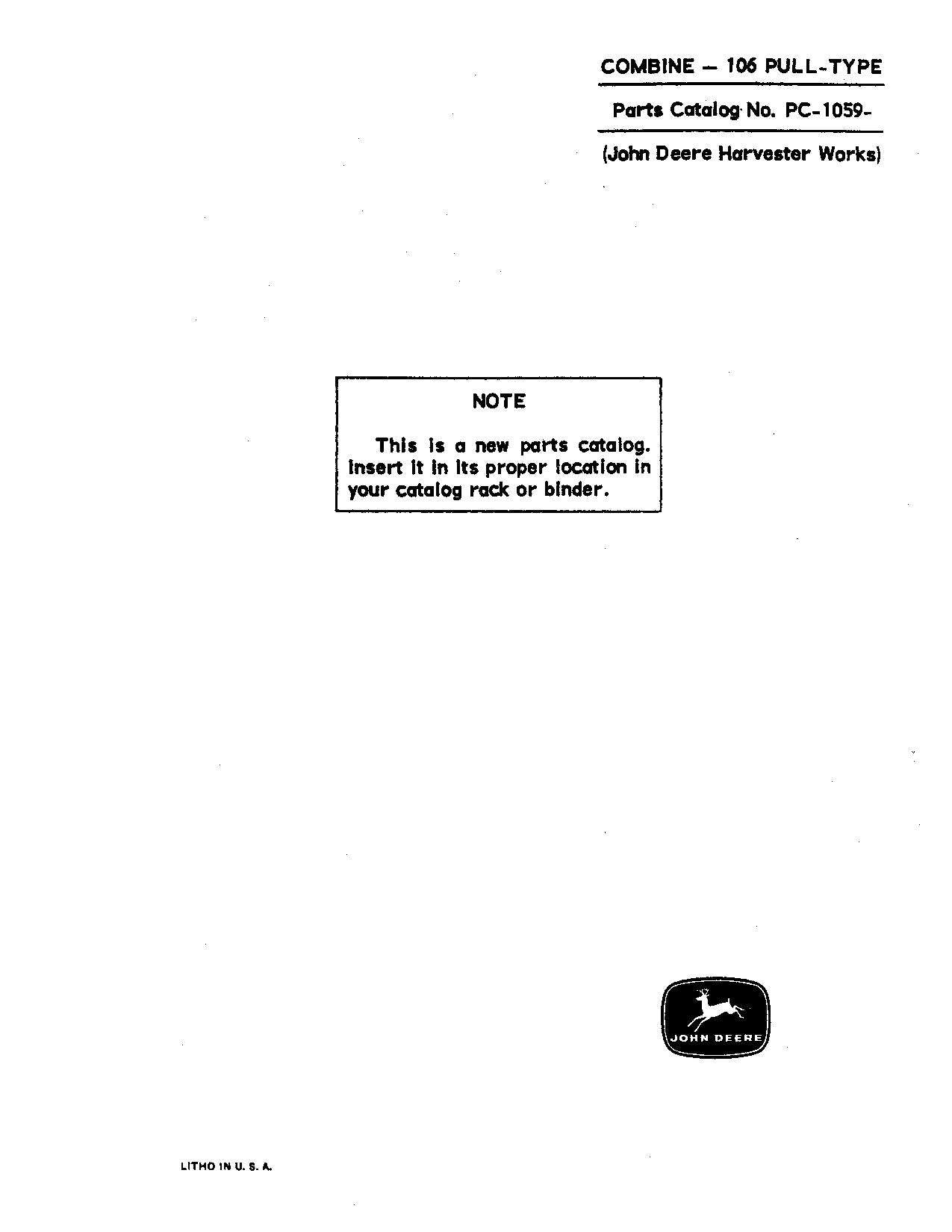 JOHN DEERE 106 COMBINE PARTS CATALOG MANUAL