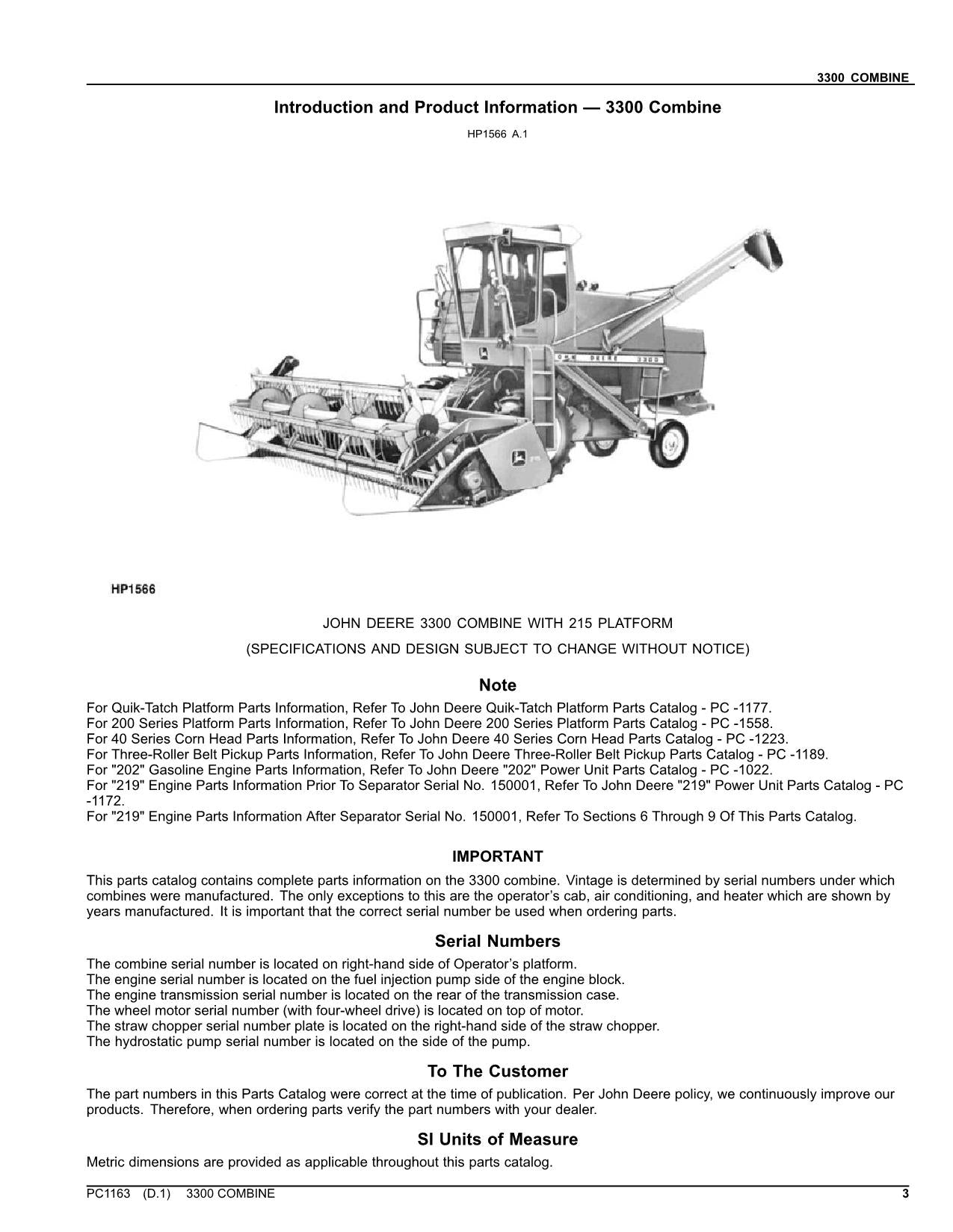 MANUEL DU CATALOGUE DES PIÈCES DE LA MOISSONNEUSE-BATTEUSE JOHN DEERE 3300