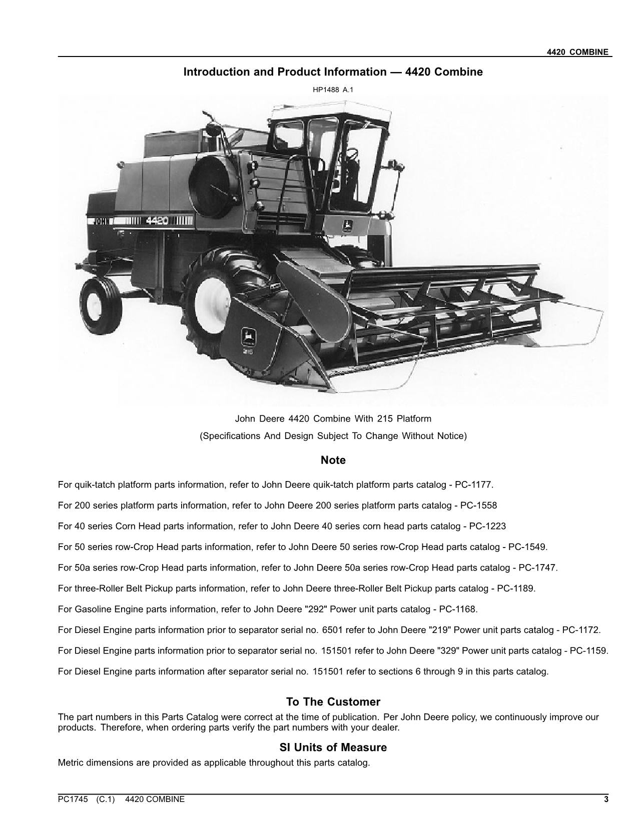 JOHN DEERE 4420 COMBINE PARTS CATALOG MANUAL