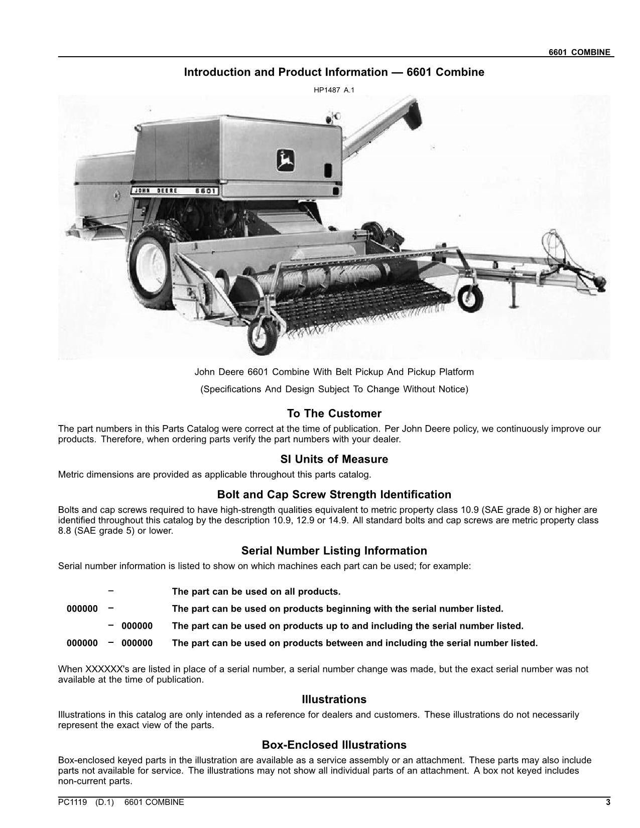 JOHN DEERE 6601 COMBINE PARTS CATALOG MANUAL