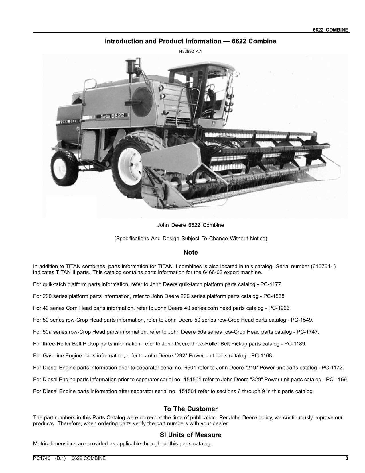 JOHN DEERE 6622 COMBINE PARTS CATALOG MANUAL