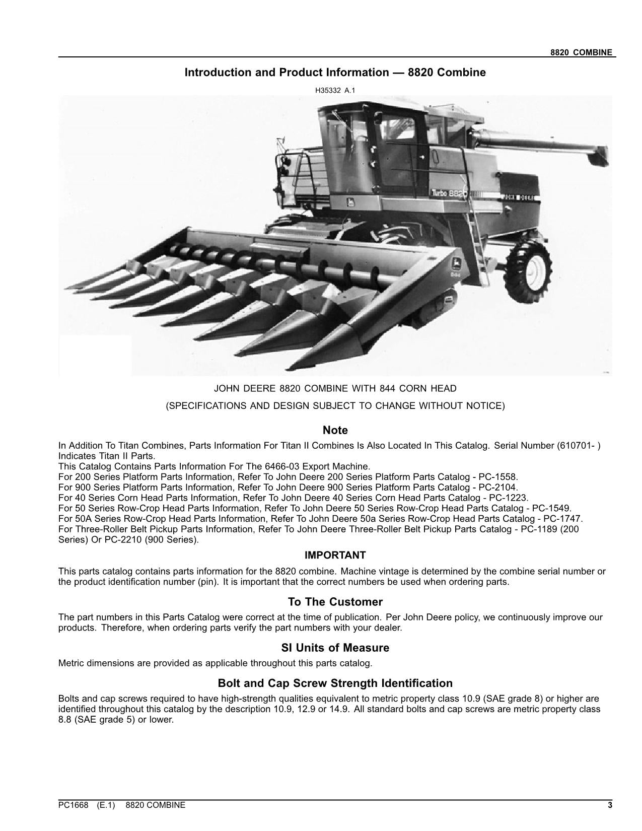 JOHN DEERE 8820 COMBINE PARTS CATALOG MANUAL