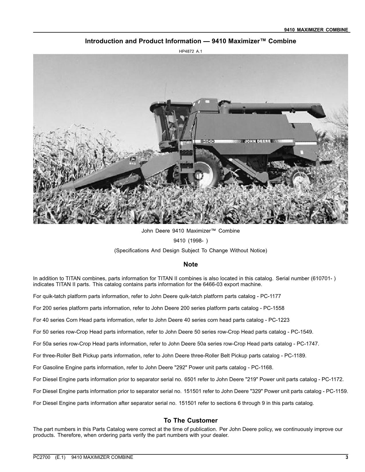 MANUEL DU CATALOGUE DES PIÈCES DE LA MOISSONNEUSE-BATTEUSE JOHN DEERE 9410