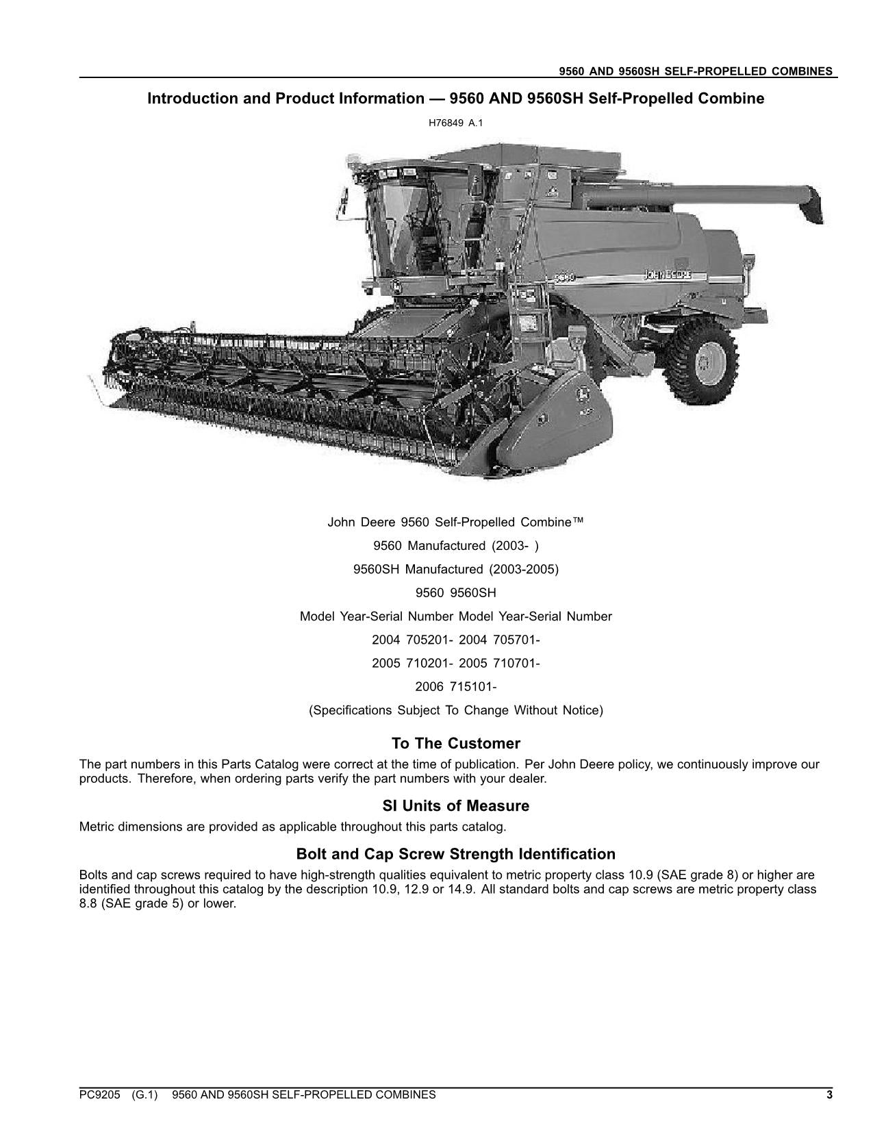 JOHN DEERE 9560  9560SH COMBINE PARTS CATALOG MANUAL