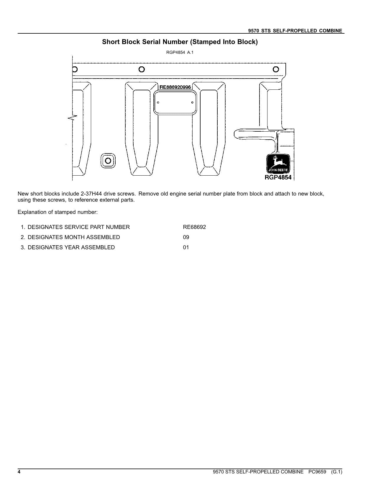 JOHN DEERE 9570 STS COMBINE PARTS CATALOG MANUAL