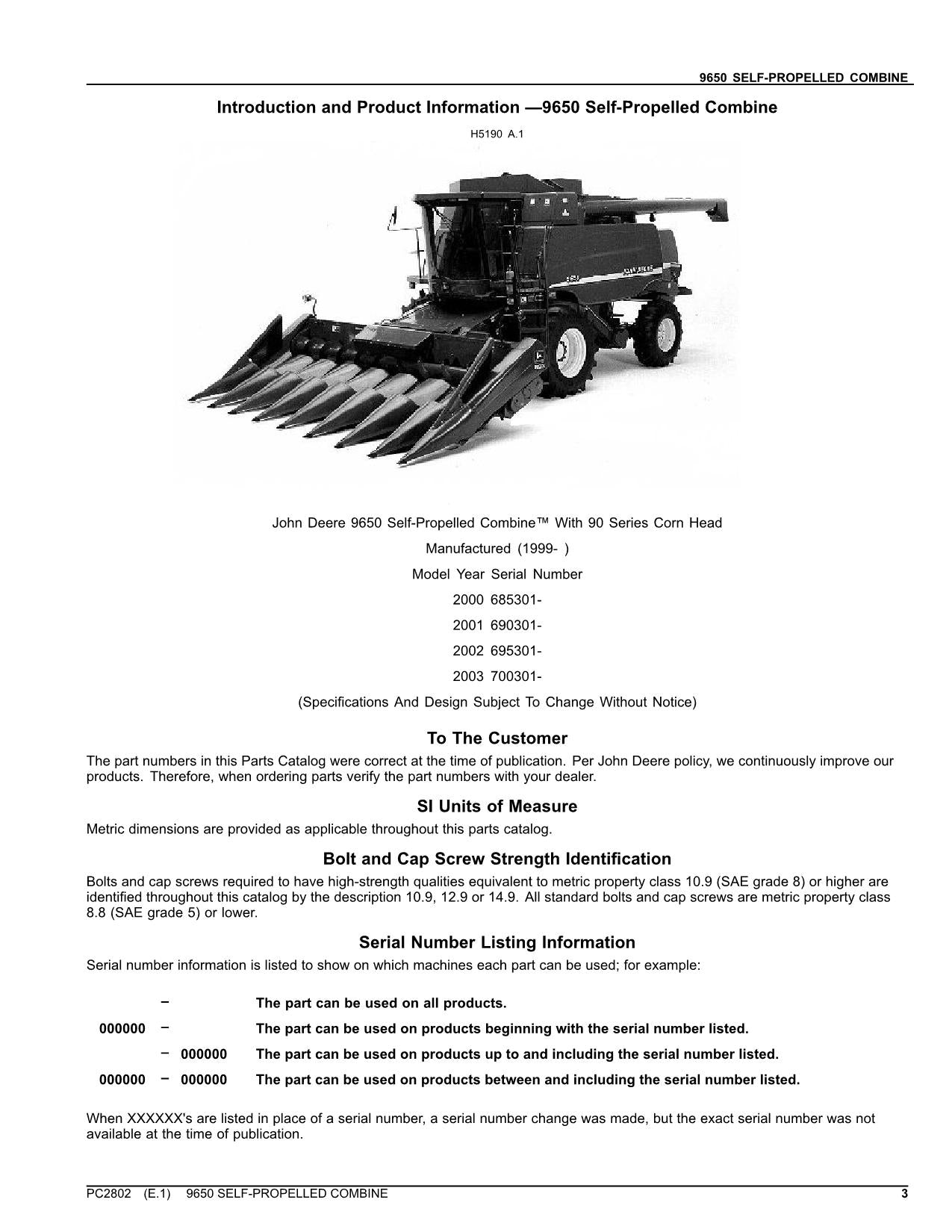 JOHN DEERE 9650 COMBINE PARTS CATALOG MANUAL