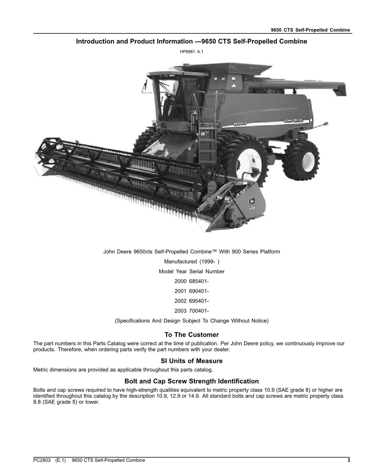 JOHN DEERE 9650 CTS COMBINE PARTS CATALOG MANUAL