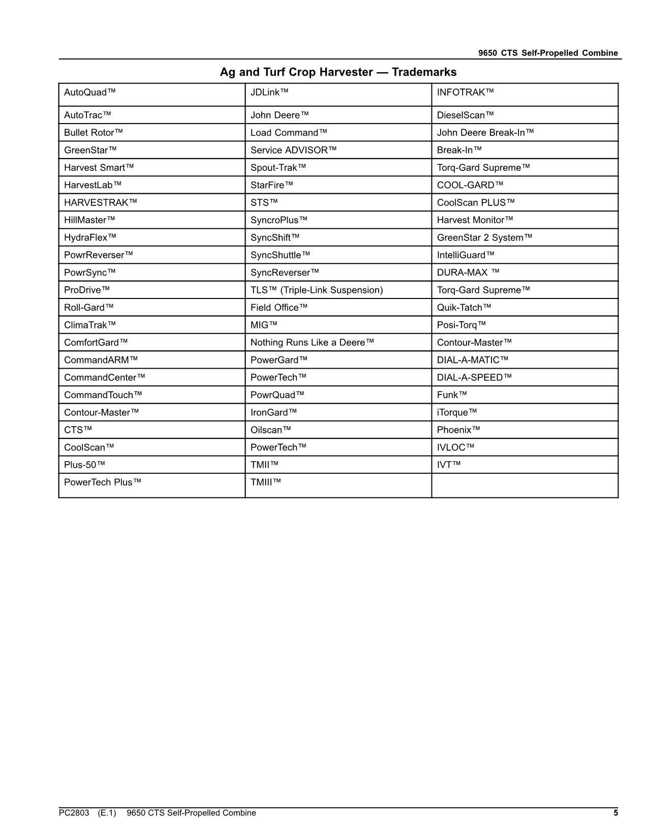 JOHN DEERE 9650 CTS COMBINE PARTS CATALOG MANUAL