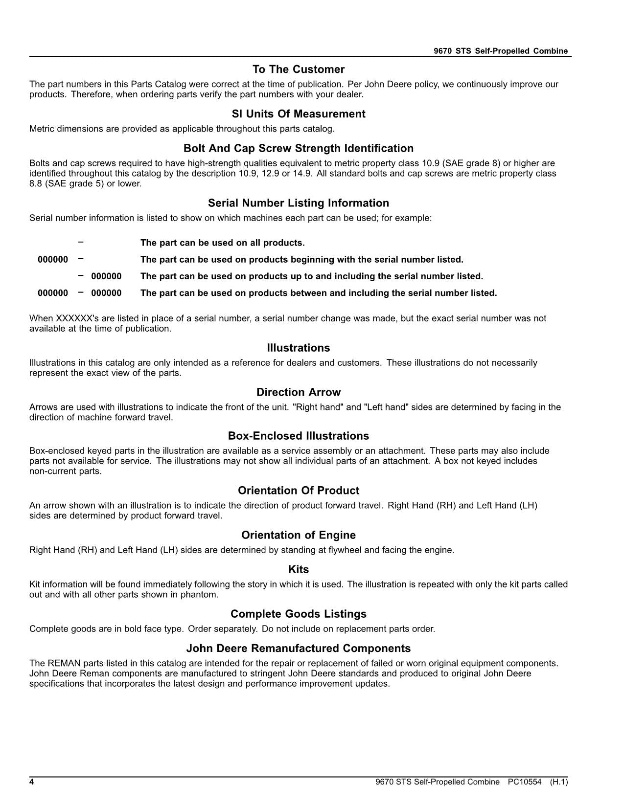 JOHN DEERE 9670 STS COMBINE PARTS CATALOG MANUAL