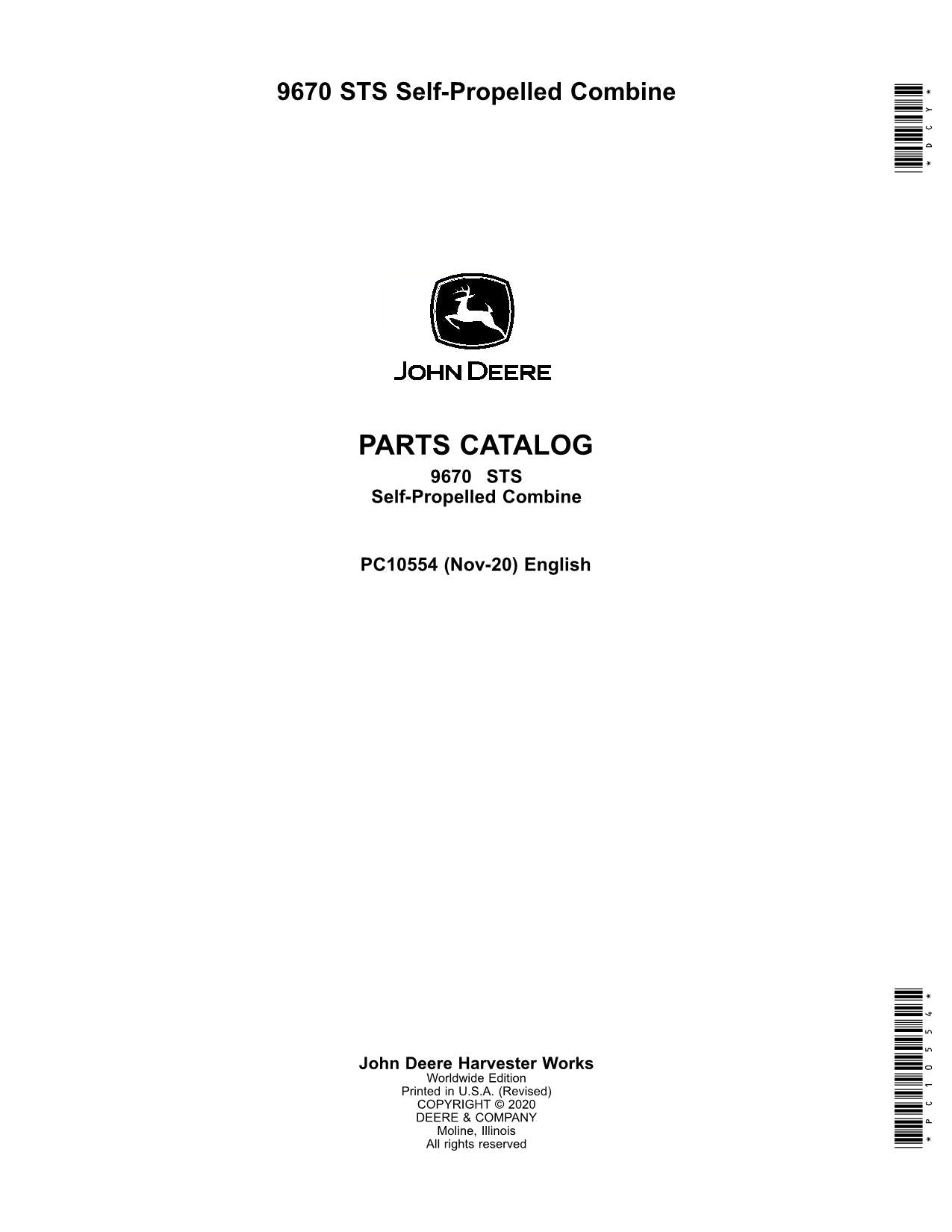 JOHN DEERE 9670 STS COMBINE PARTS CATALOG MANUAL