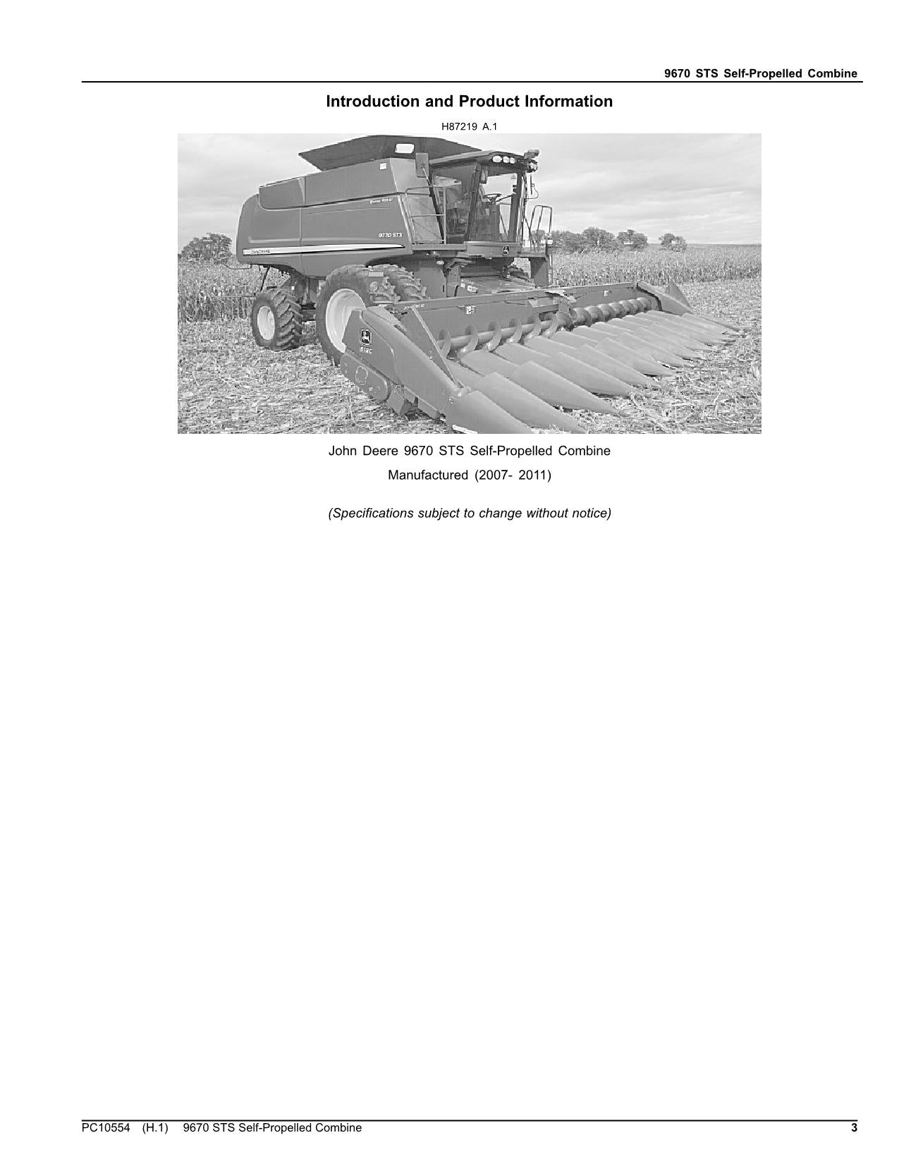 JOHN DEERE 9670 STS COMBINE PARTS CATALOG MANUAL