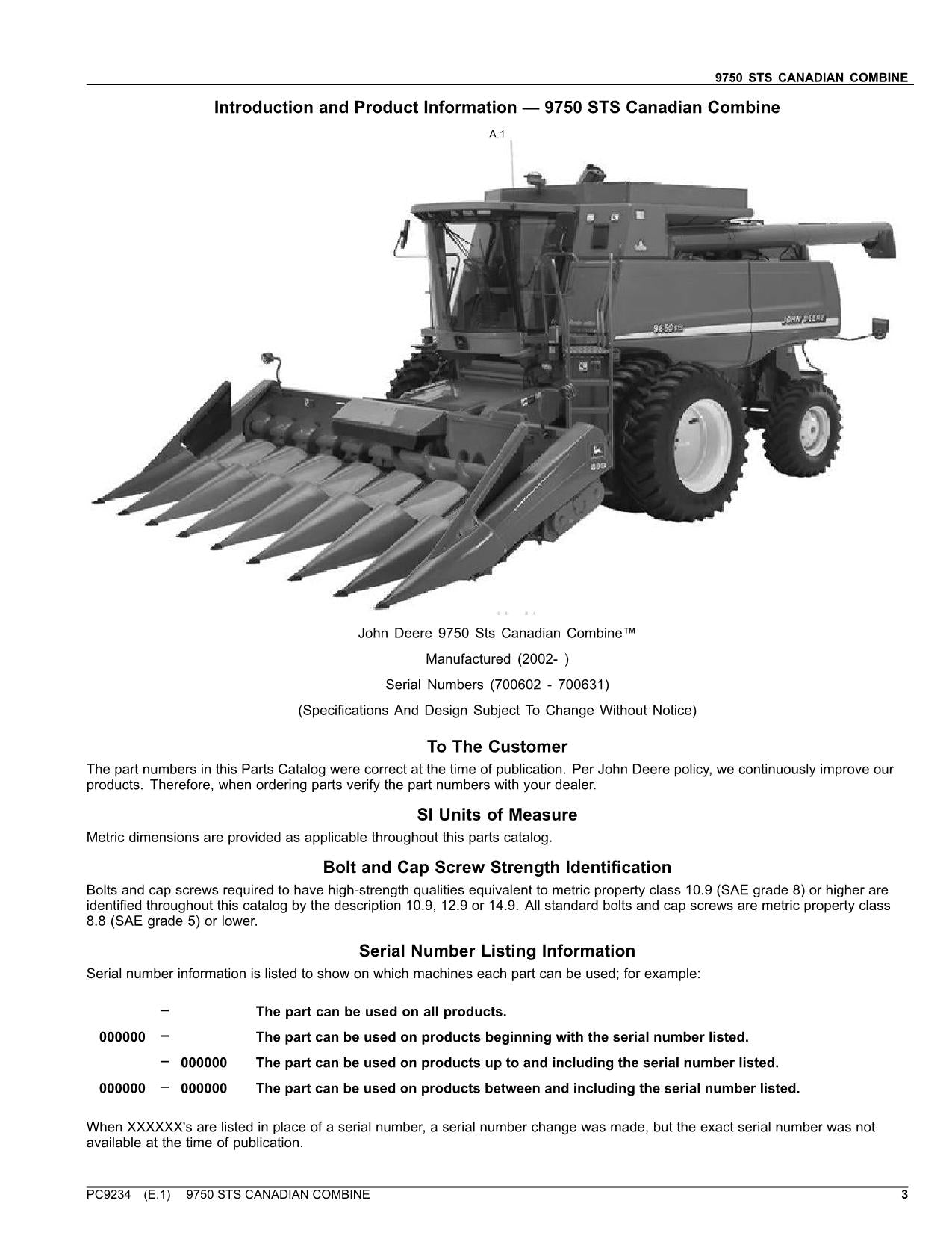 JOHN DEERE 9750 STS COMBINE PARTS CATALOG MANUAL