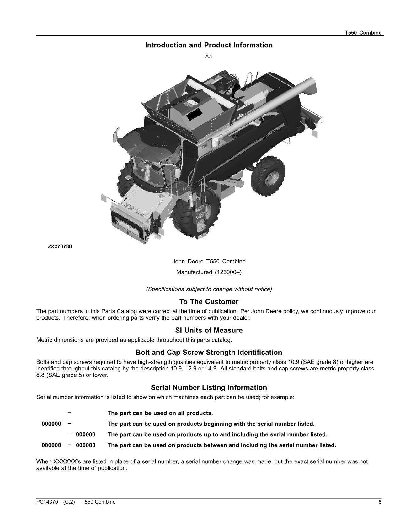 MANUEL DU CATALOGUE DES PIÈCES DE LA MOISSONNEUSE-BATTEUSE JOHN DEERE T550 125000-129999