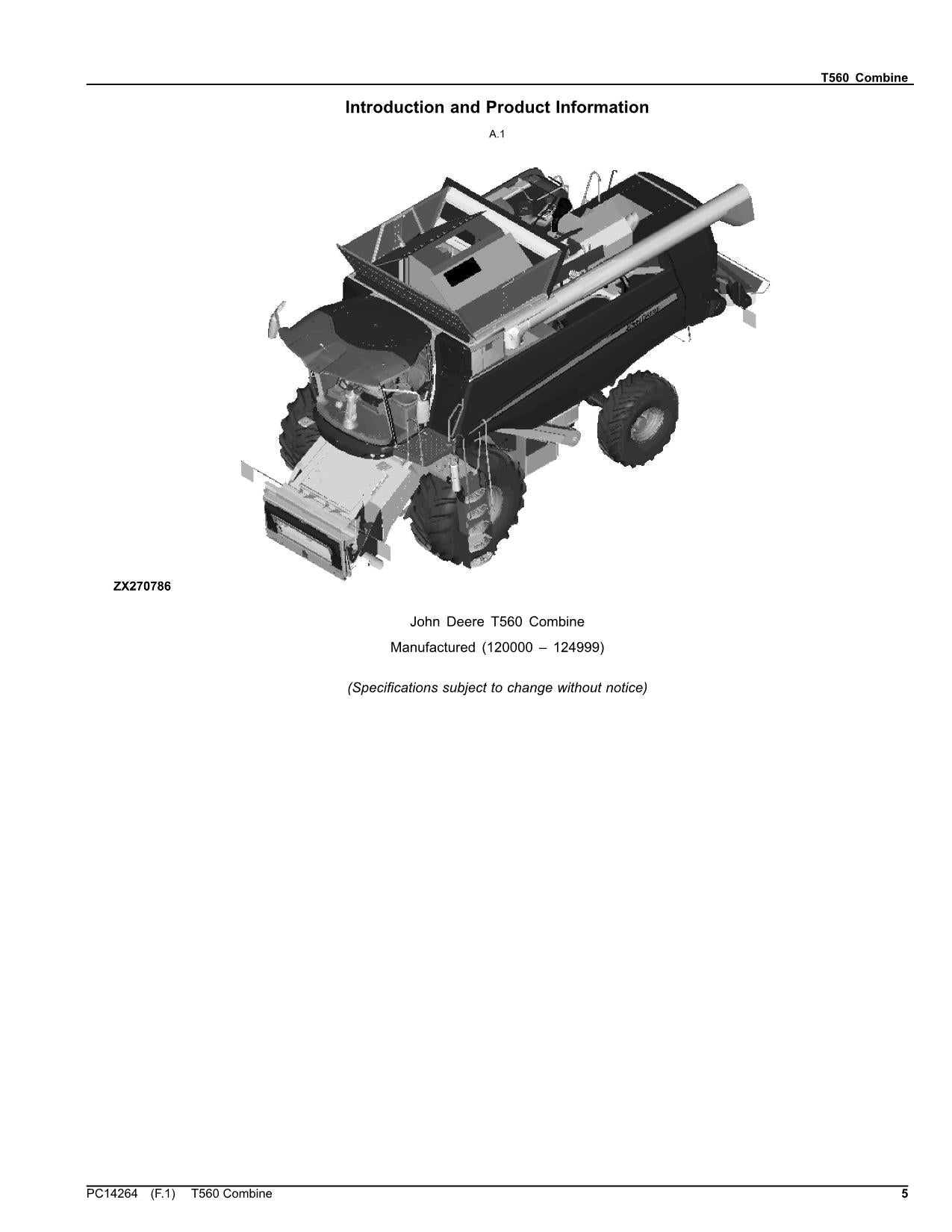 JOHN DEERE T560 COMBINE PARTS CATALOG MANUAL 120000 - 124999