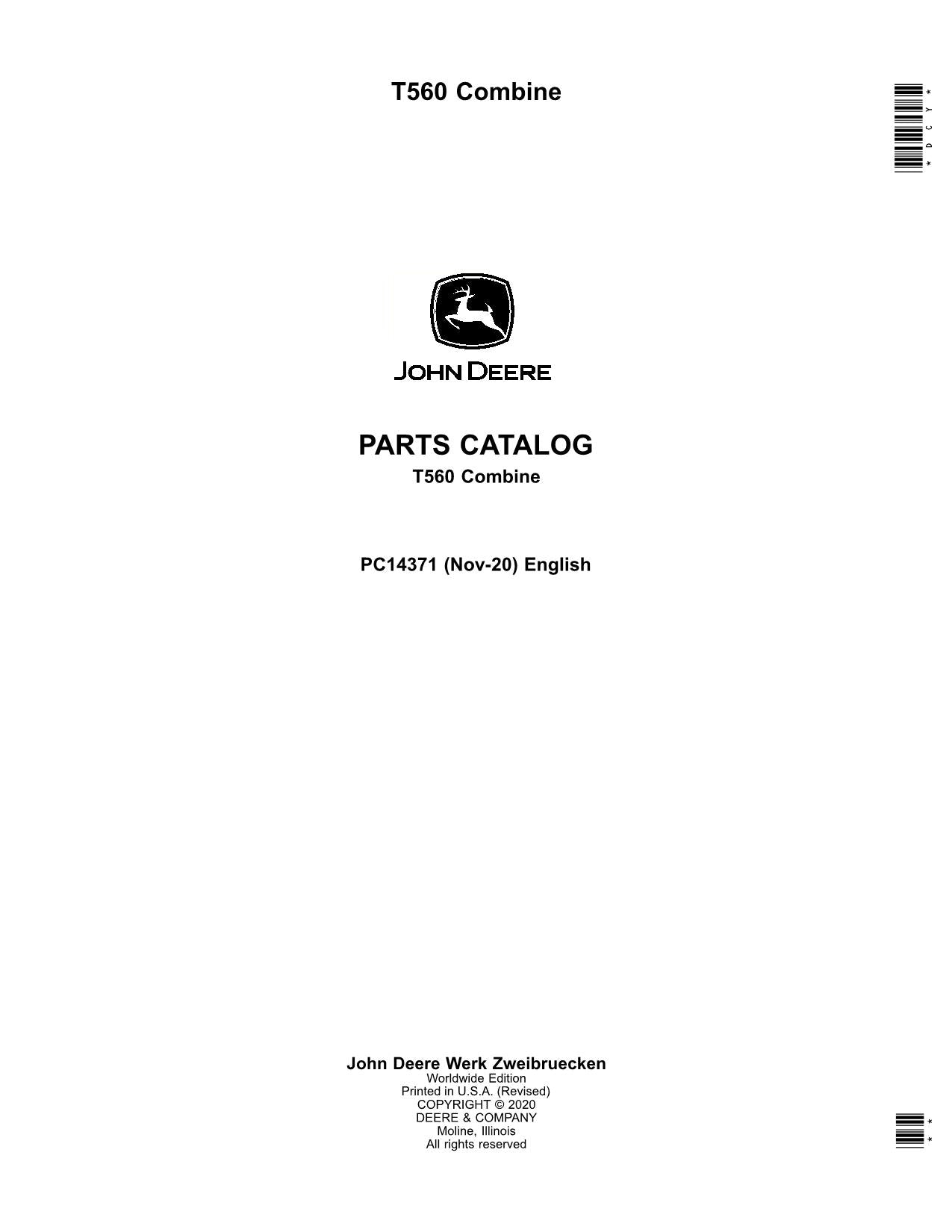 JOHN DEERE T560 COMBINE PARTS CATALOG MANUAL 125000-129999