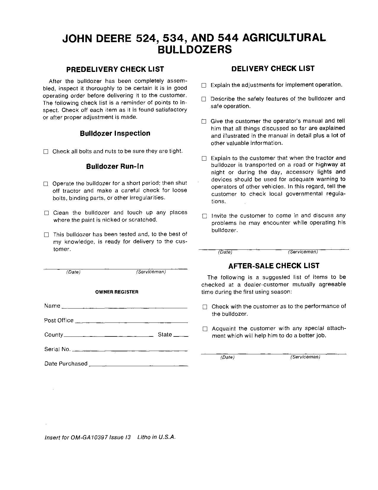 JOHN DEERE 524 534 544 AGRICULTURAL BULLDOZER OPERATORS MANUAL