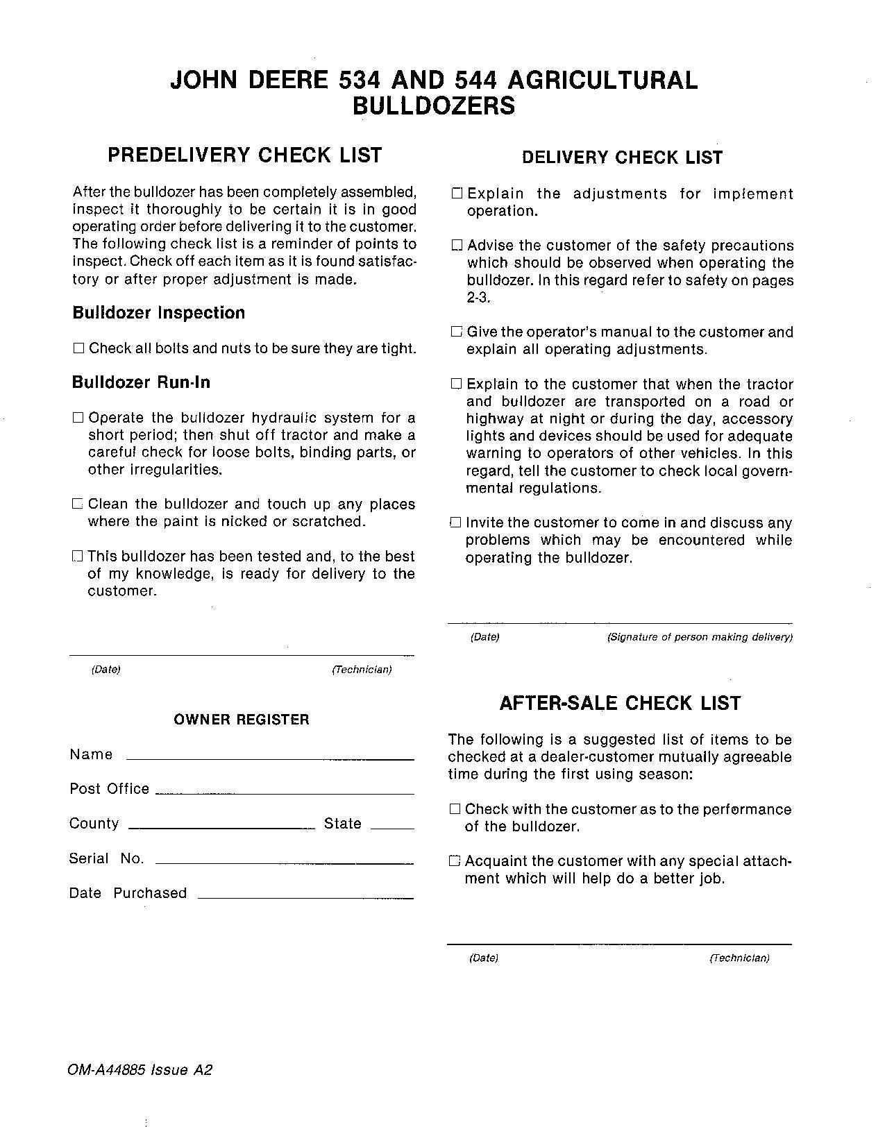 JOHN DEERE 534 544 AGRICULTURAL BULLDOZER OPERATORS MANUAL #1