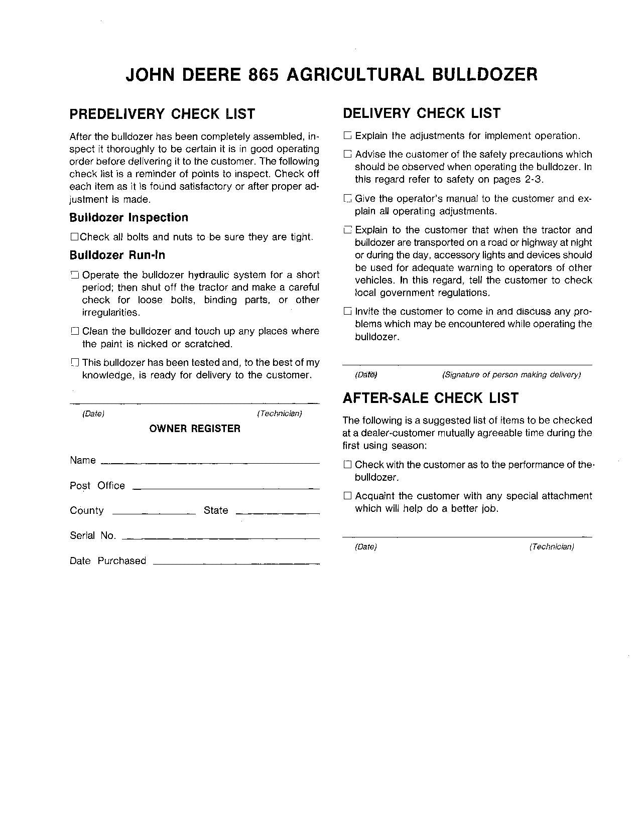 JOHN DEERE 865 AG BULLDOZER OPERATORS MANUAL