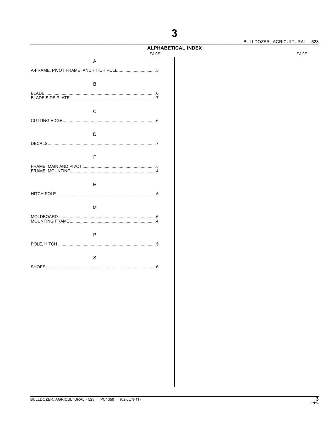 JOHN DEERE 523 AGRICULTURAL BULLDOZER PARTS CATALOG