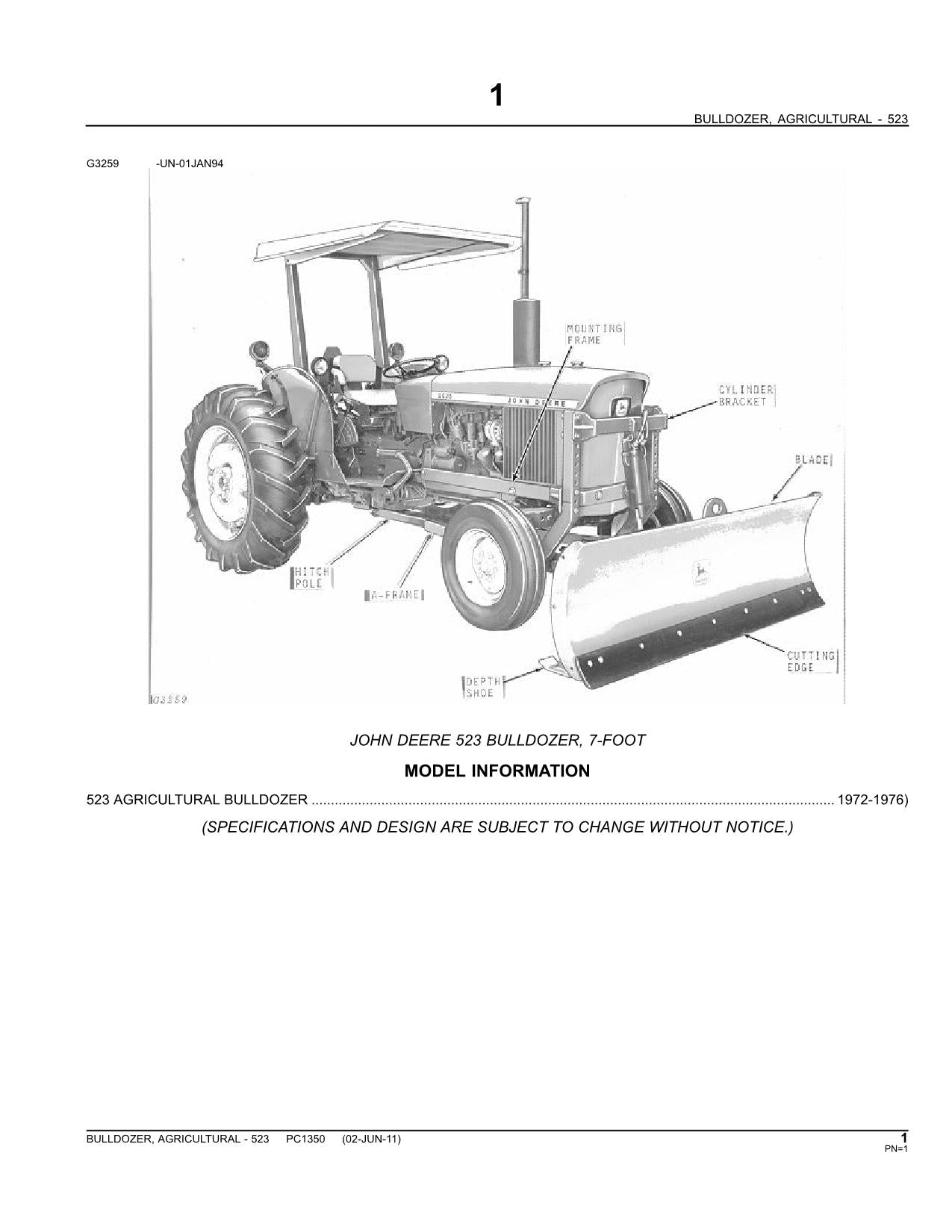 JOHN DEERE 523 AGRICULTURAL BULLDOZER PARTS CATALOG