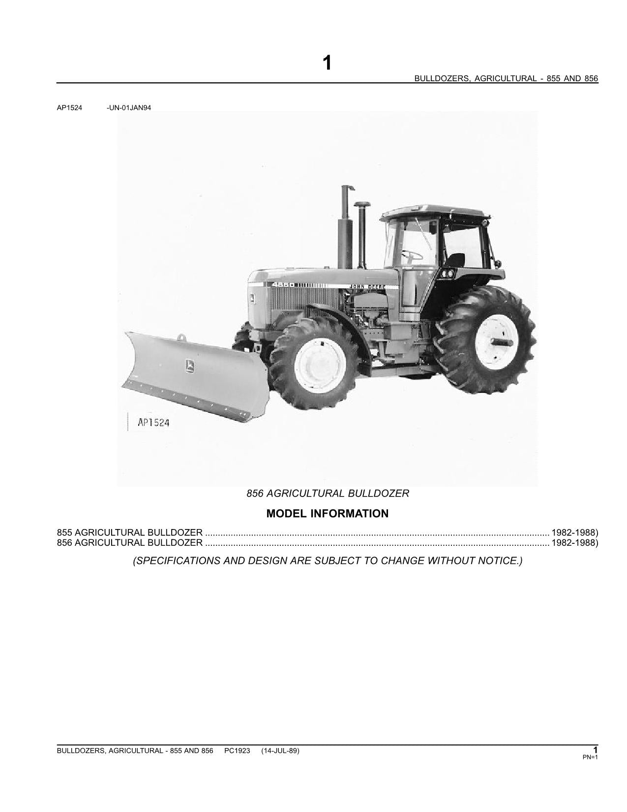 JOHN DEERE 855, 856 AGRICULTURAL BULLDOZERS PARTS CATALOG