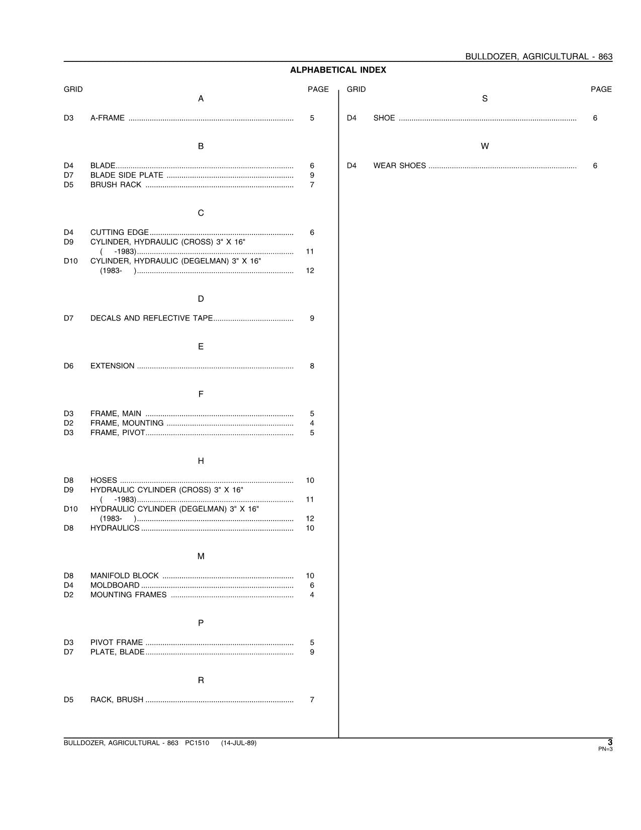 JOHN DEERE 863 AGRICULTURAL BULLDOZER PARTS CATALOG