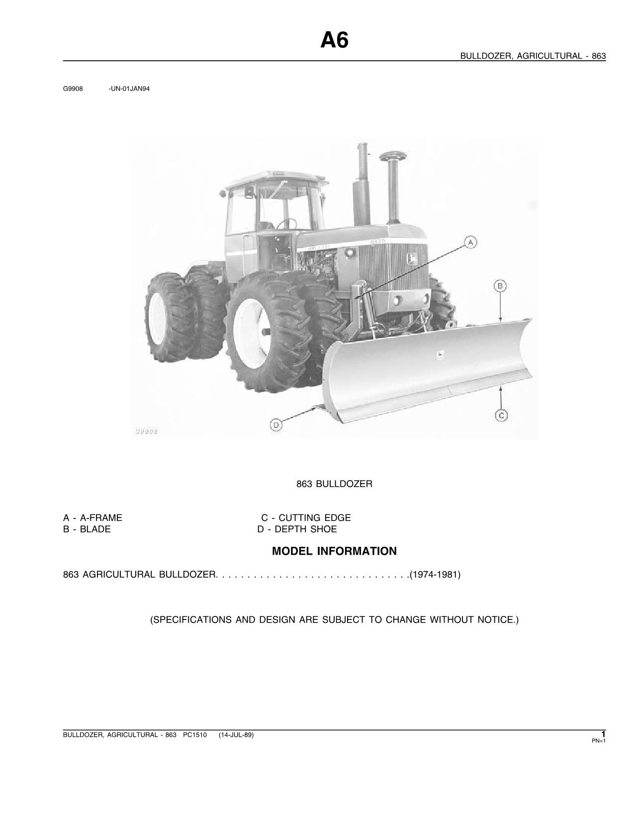 JOHN DEERE 863 AGRICULTURAL BULLDOZER PARTS CATALOG