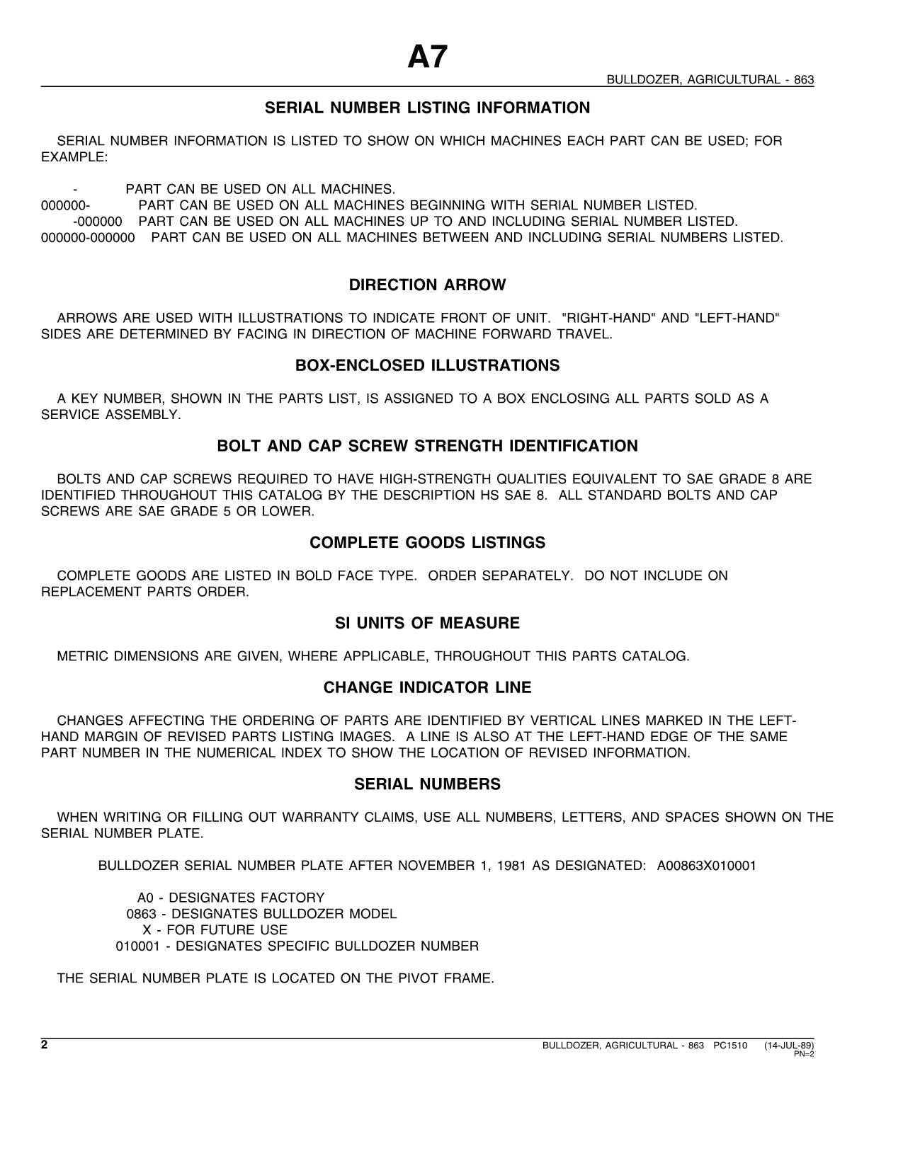 JOHN DEERE 863 AGRICULTURAL BULLDOZER PARTS CATALOG