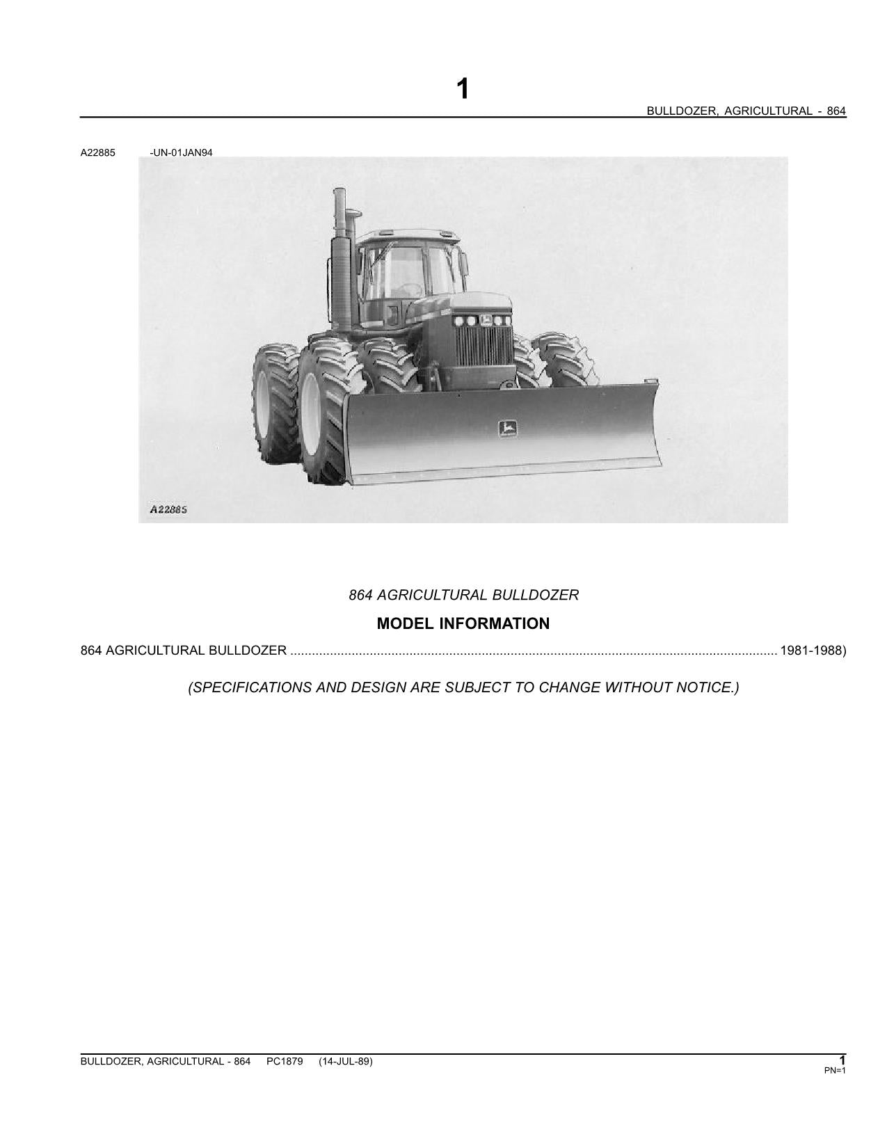 JOHN DEERE 864 AGRICULTURAL BULLDOZER PARTS CATALOG