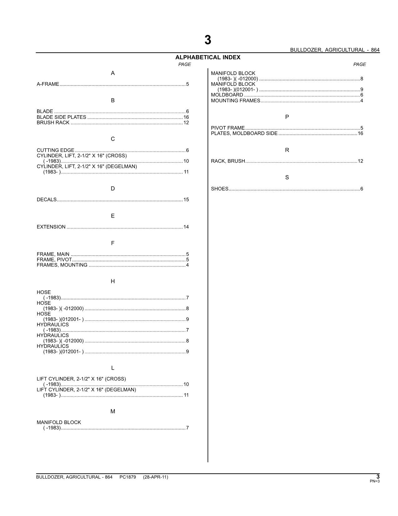 CATALOGUE DE PIÈCES DE RECHANGE POUR BULLDOZER AGRICOLE JOHN DEERE 864