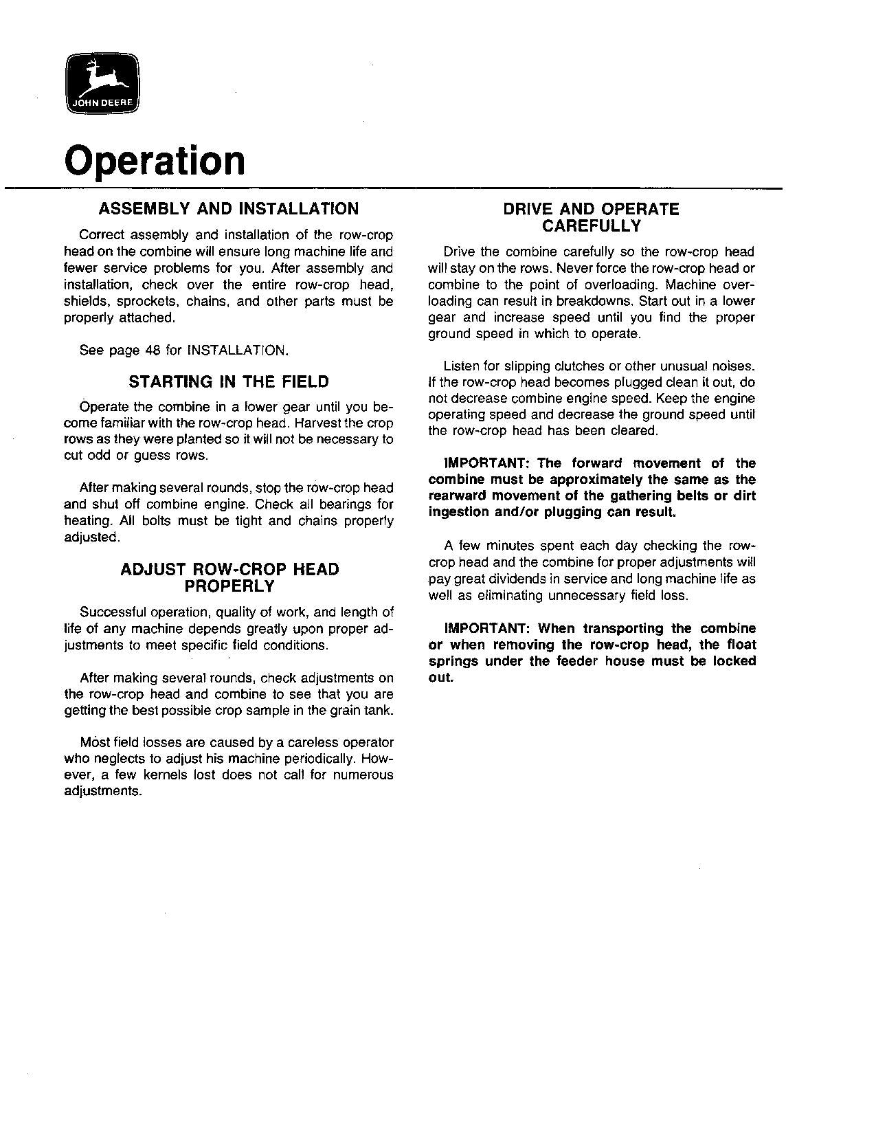 JOHN DEERE 453 454 554 653 654 853 HEADER OPERATORS MANUAL #1