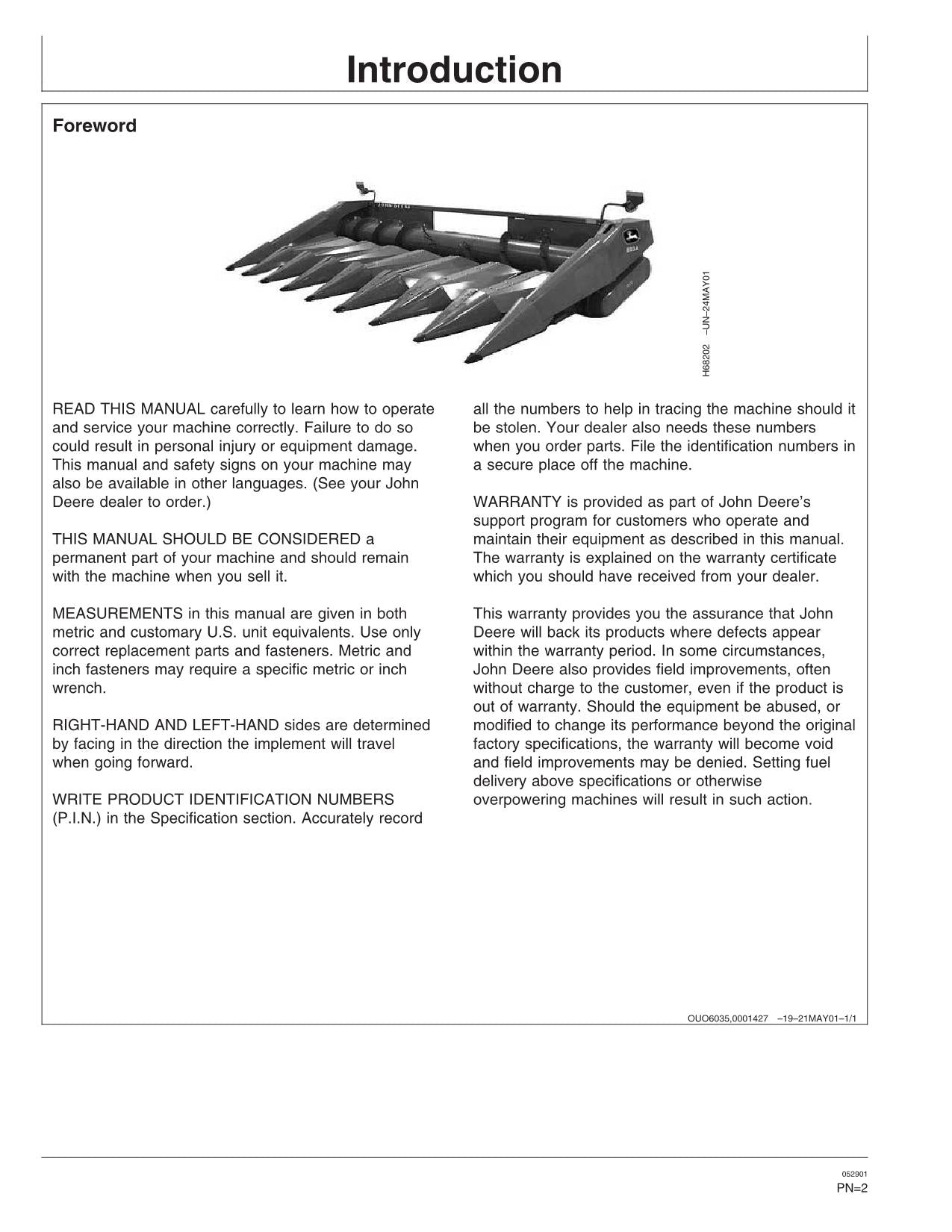 JOHN DEERE 4435 653A 853A 4420 4425 6620 7720 9410 HEADER-BETRIEBSHANDBUCH