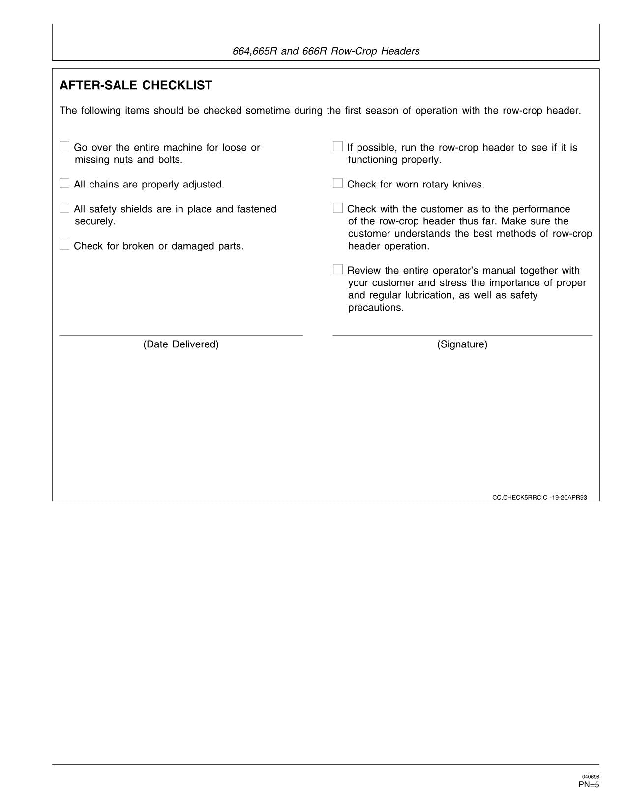 JOHN DEERE 664  665R  666R HEADER OPERATORS MANUAL