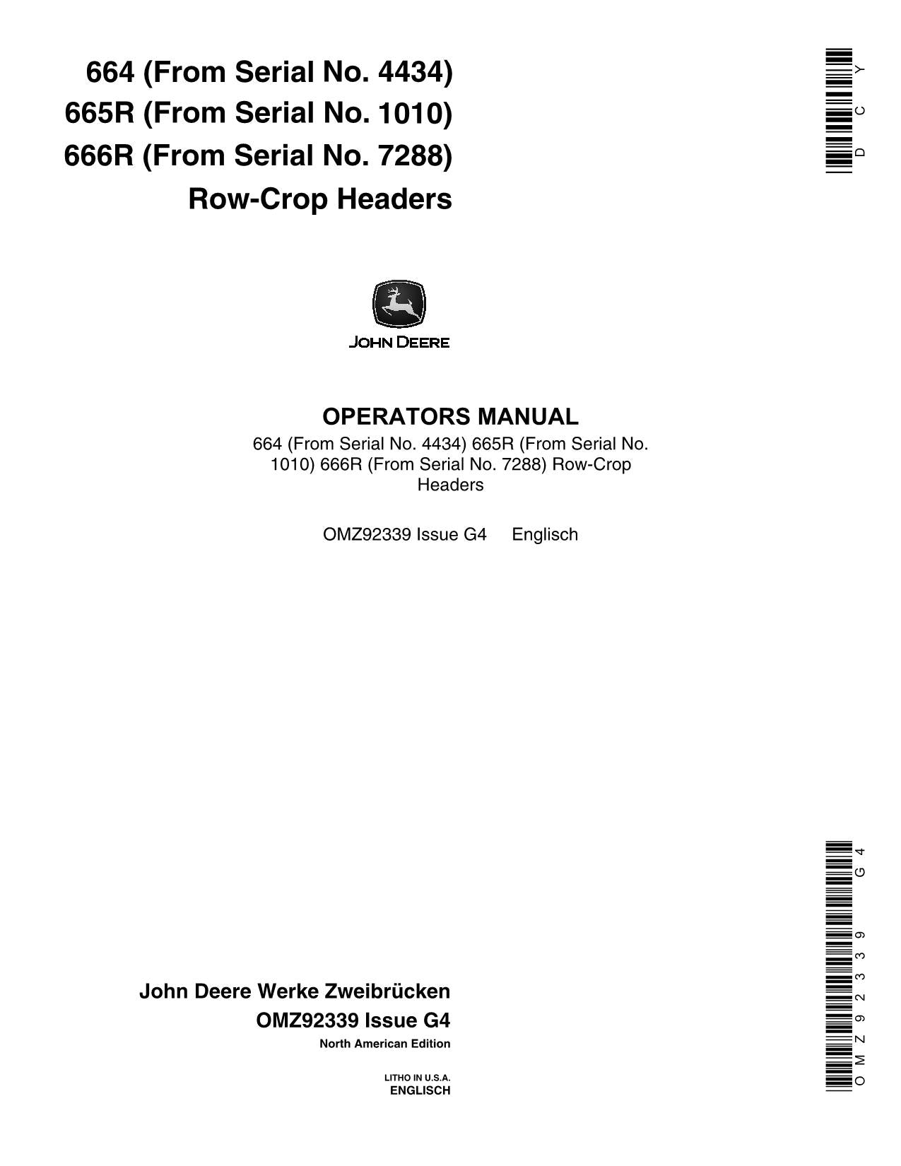 JOHN DEERE 664 665R 666R HEADER OPERATORS MANUAL