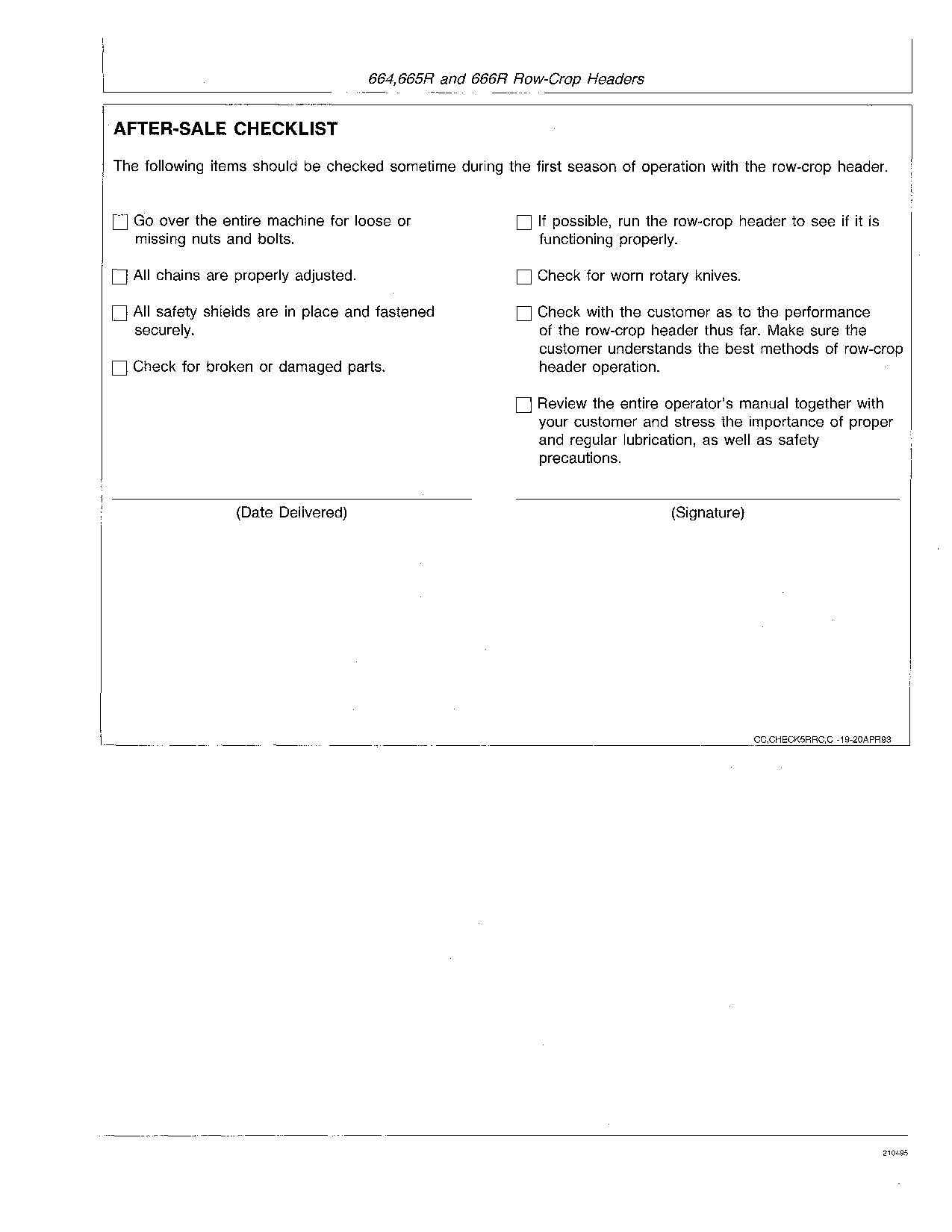 JOHN DEERE 664 665R 666R HEADER OPERATORS MANUAL