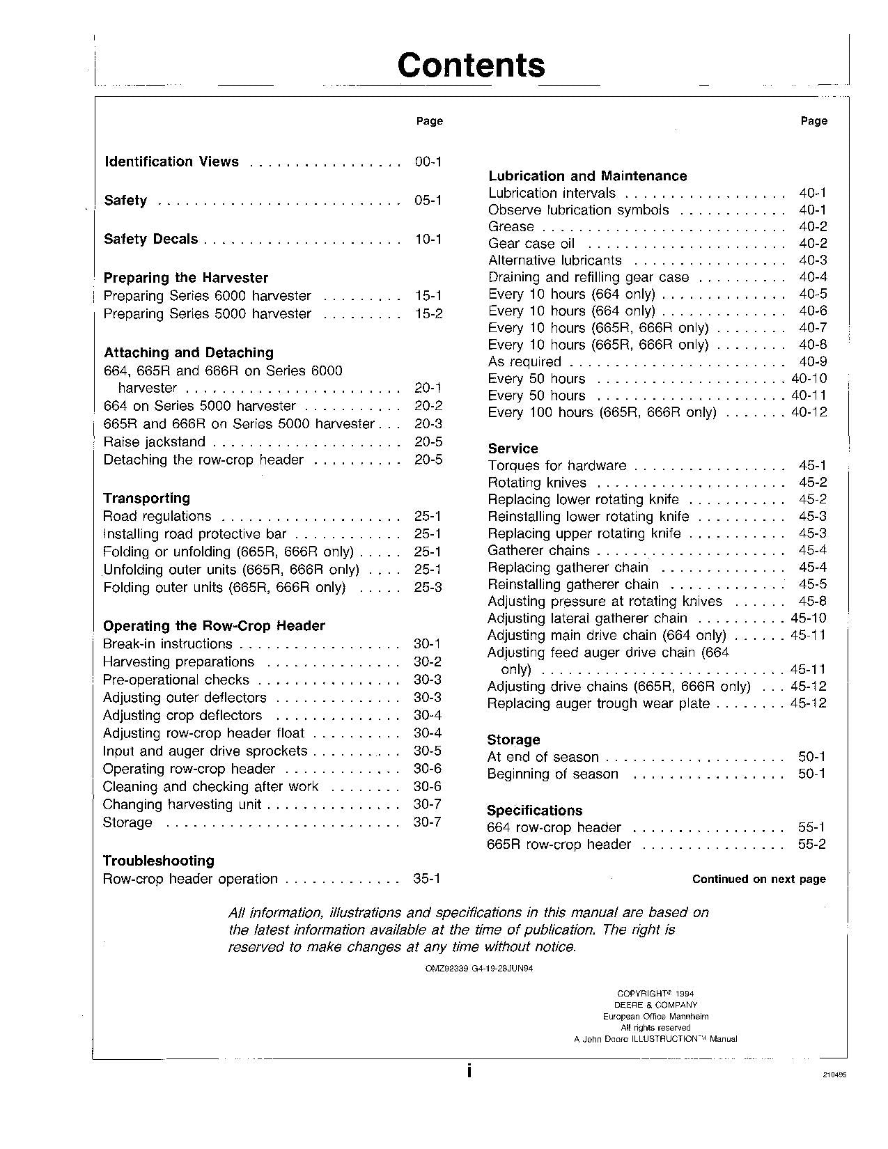 JOHN DEERE 664 665R 666R HEADER OPERATORS MANUAL