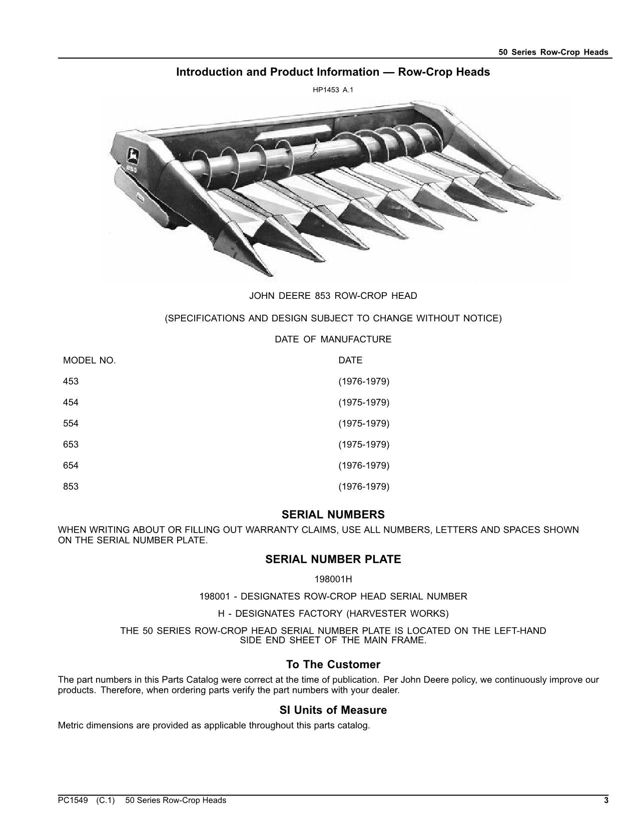 JOHN DEERE 50 453 454 554 653 654 853 HEADER TEILEKATALOG HANDBUCH