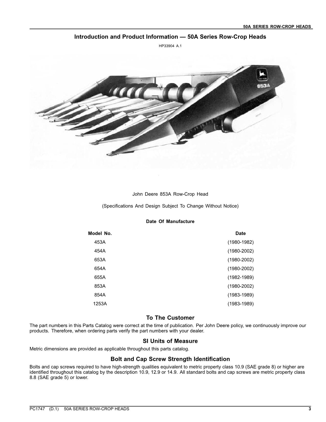 JOHN DEERE 50  50A HEADER PARTS CATALOG MANUAL