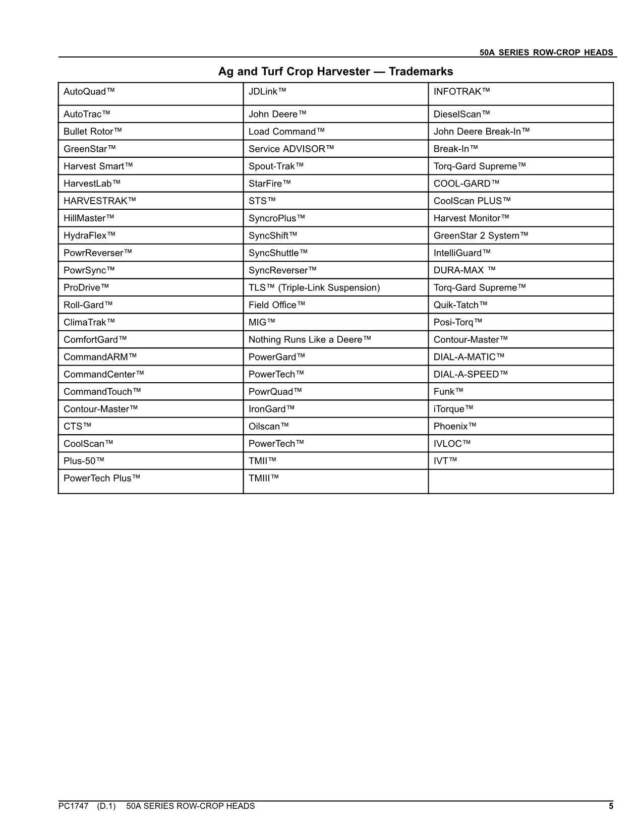 JOHN DEERE 50  50A HEADER PARTS CATALOG MANUAL